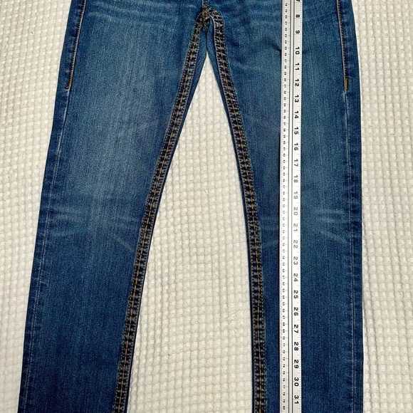 True Religion low rise, Y2K with contrasting, orange stitching denim blue jeans - Picture 2 of 9